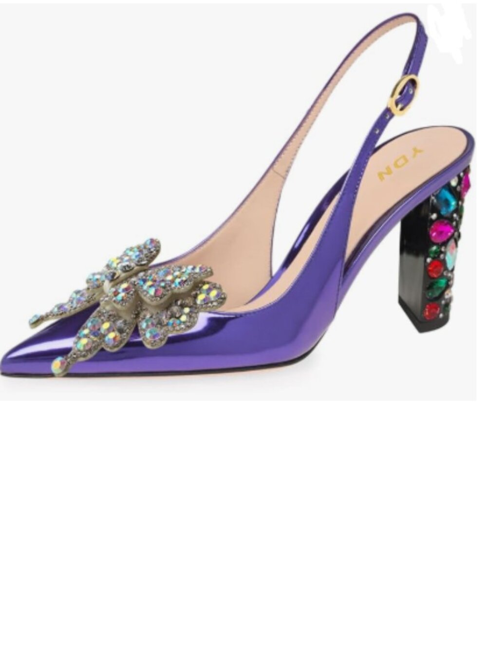 YDN Purple Sexy Bows Pointed Toe Slip On Slingback Rhinestone Chunky Heels Pumps